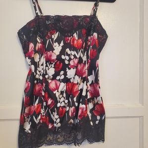 White House Black Market black floral and lace silk top. Size S. EUC